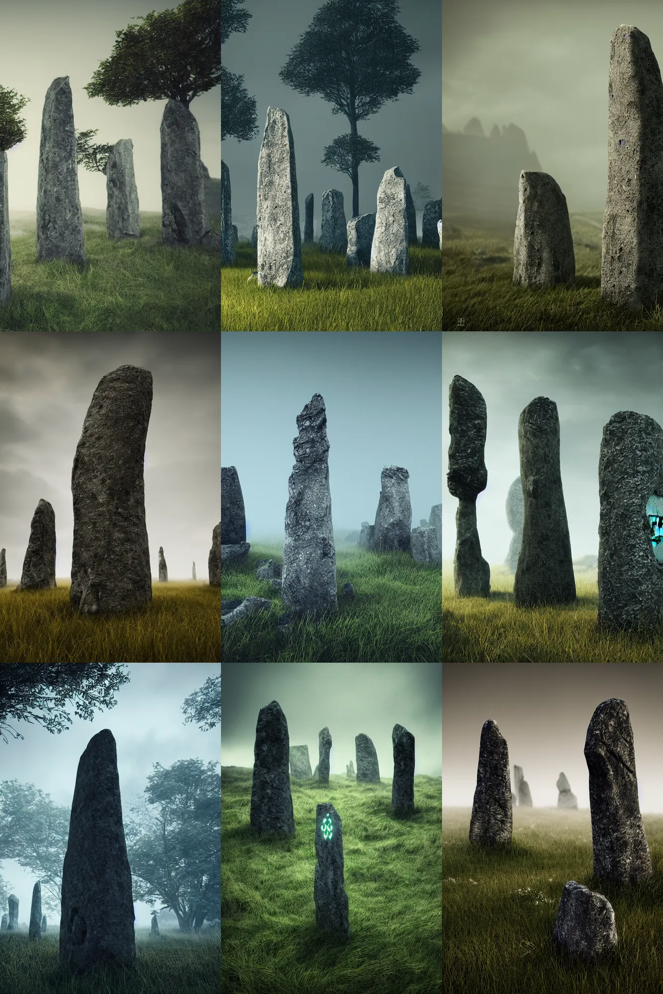 Prompt: ruined standing stones with bioluminescent engraved celtic symbols, grassy hill, foggy, intricate detailed, octane render, unreal engine, photography, natural light