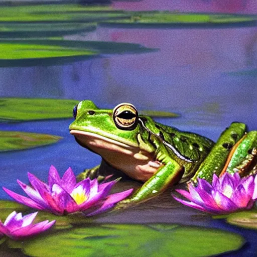 Image similar to close - up of a smiling frog in the pond with water lilies, medieval castle on background, shallow depth of field, highly detailed, ominous, digital art, masterpiece, matte painting, sharp focus, matte painting, by isaac levitan, monet, asher brown durand,