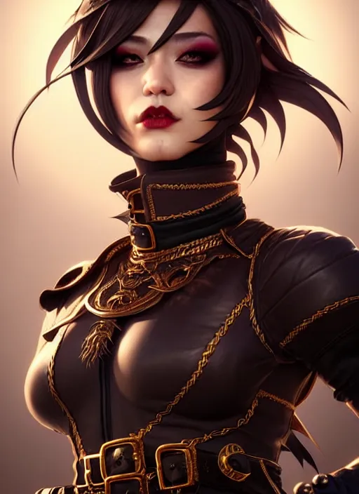 Image similar to rogue, fantasy ornate leather bandit outfit!!! close - up portrait beautiful and athletic short hair female!! gorgeous face and eyes!! character concept art, sharp focus, octane render! unreal engine 5! highly rendered!! trending on artstation!! detailed linework!! illustration by artgerm, wlop, and chie yoshii