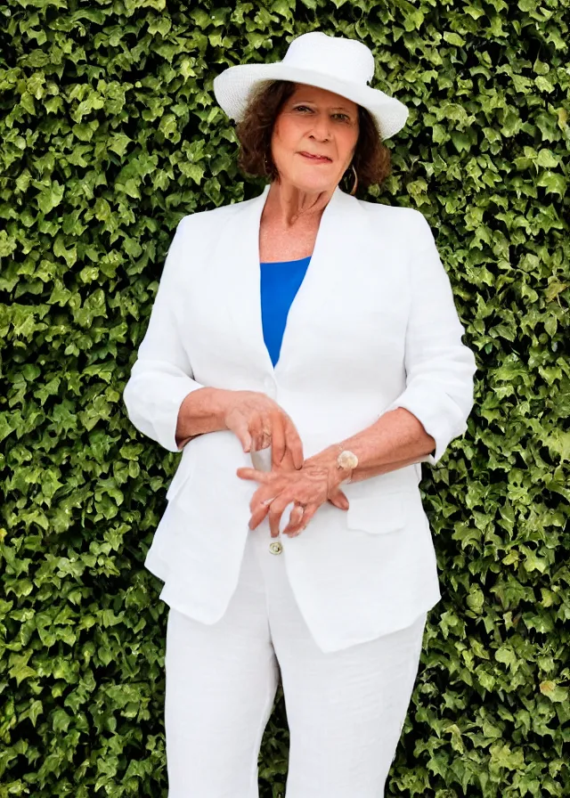 Prompt: close up portrait photo of a woman in her fifties wearing a white linen trouser suit and panama hat, standing in front of an ivy wall, 8 5 mm f / 1. 8, bokeh, backlit