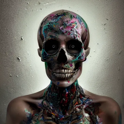 Image similar to full body pose, hyperrealistic mixed media painting of beautiful skull woman, dim volumetric lighting, 8 k, octane beautifully detailed render, extremely hyper detailed, intricate, epic composition, cinematic lighting, masterpiece, trending on artstation, very very detailed, masterpiece, stunning, hdr, smooth, sharp focus, high resolution, award, winning photo, dslr, 5 0 mm