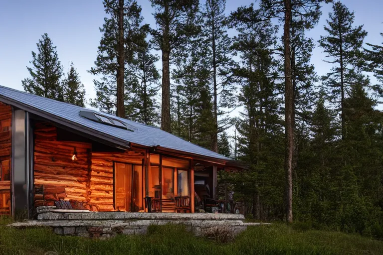 Prompt: modern cabin with pool, mountain background, forest, clear sky, night, cinematic lighting, photorealistic, high resolution, high detailed