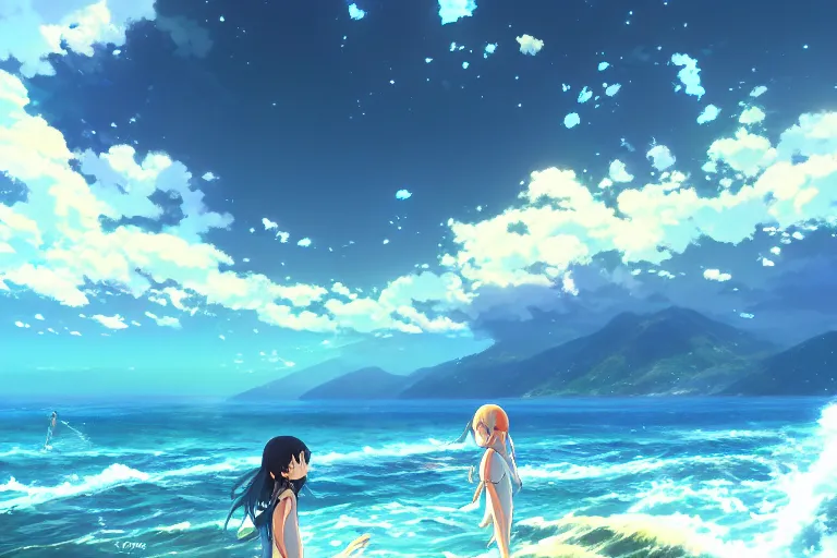 Image similar to friends splashing in the ocean, key visual, a fantasy digital painting by makoto shinkai and james gurney, trending on artstation, highly detailed