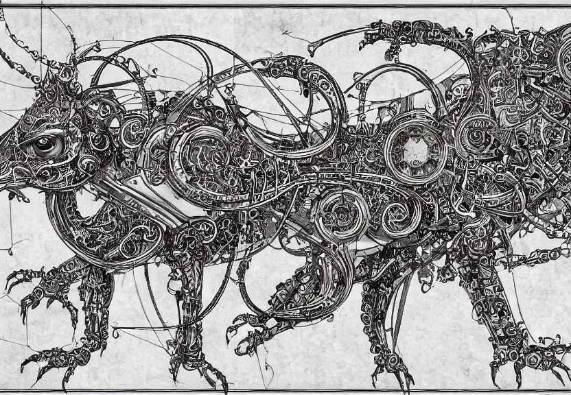 Prompt: 1 / 4 frame, schematic blueprint of highly detailed ornate filigreed convoluted ornamented elaborate cybernetic rat, full body, character design, middle of the page, art by da vinci