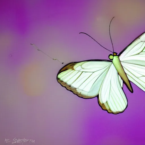 Prompt: by scott gustafson warm violet fine. a beautiful experimental art of a white butterfly fluttering away, into bright light.