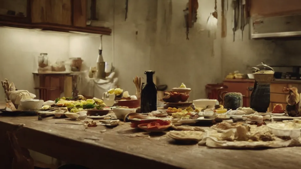 Image similar to Cursed food on the kitchen table, film still from the movie directed by Denis Villeneuve with art direction by Salvador Dalí, wide lens