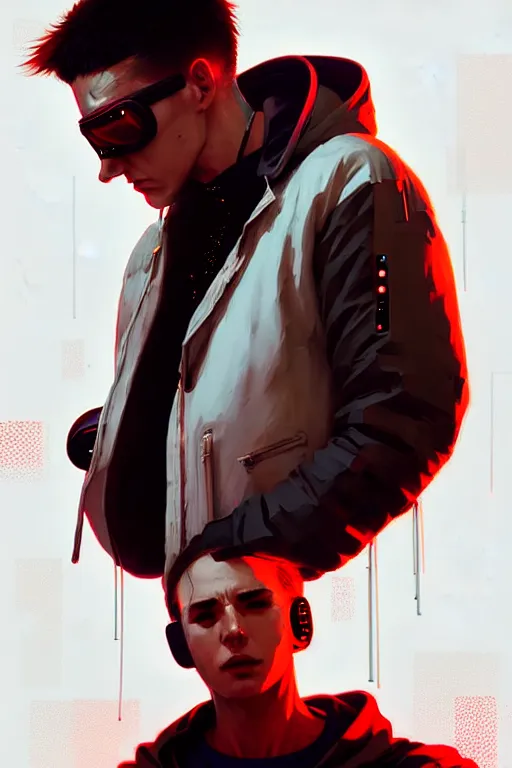 Image similar to cyberpunk synth, hyper - realistic portrait of a man in a white and red hoodie, cyberpunk, by atey ghailan, by greg rutkowski, by greg tocchini, by james gilleard, by joe fenton, by kaethe butcher, dynamic lighting, gradient light blue, brown, blonde cream and white color scheme, grunge aesthetic