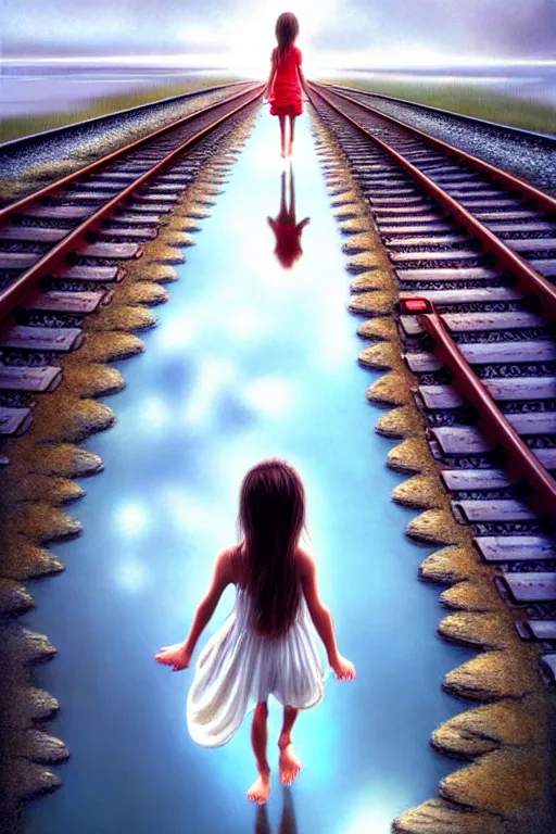 Prompt: a barefoot girl carries her shoes on a wide pool of reflective water and faintly visible submerged train tracks, water covers everything, large white clouds on a wide horizon, intricate, elegant, highly detailed, digital photo, artstation, concept art, smooth, sharp focus, low angle photo, art by artgerm and greg rutkowski and fra angelico