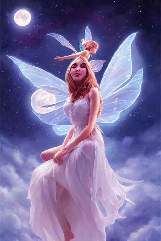 Image similar to attractive fairy magically floating high in the night, fantasy, full moon in background. highly detailed painting by artgerm, mid shot, 8 k