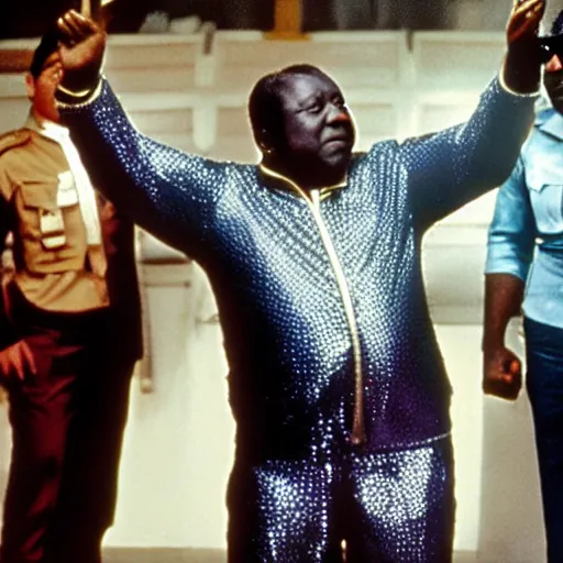 Prompt: A movie still of Idi Amin wearing a disco suit in Satuday Night Fever