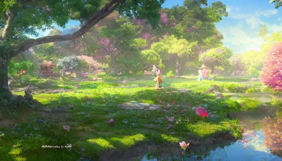 Image similar to a colorful easter land with a pond, beautiful ancient trees, hiding large treasure chest, serene evening atmosphere, soft lens, soft light, cel - shading, animation, in the style of cgsociety, deviantart, artstation, zbrush, cinema 4 d, studio ghibli, akihiko yoshida, atelier lulua, masamune shirow