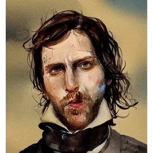 Prompt: Portrait of a handsome man with mutton chops, pale face, run down, sleepy, baggy eyes, watercolor, brushstrokes, high detail, artstation