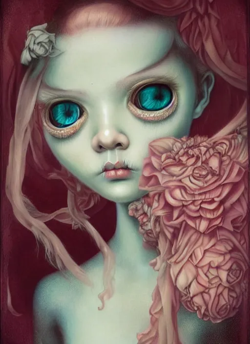 Image similar to pop surrealism, lowbrow art, realistic cute girl painting, japanese street fashion, hyper realism, muted colours, rococo, natalie shau, loreta lux, tom bagshaw, mark ryden, trevor brown style,