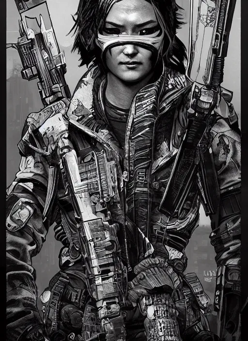 Image similar to cyberpunk blackops ninja. night vision. katana. portrait by ashley wood and alphonse mucha and laurie greasley and josan gonzalez and james gurney. spliner cell, apex legends, rb 6 s, hl 2, d & d, cyberpunk 2 0 7 7. realistic face. dystopian setting.