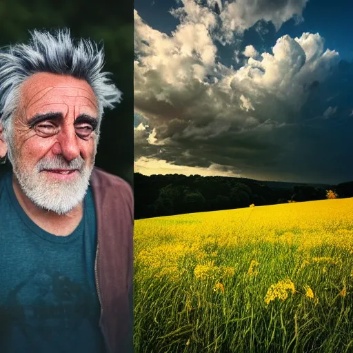 Image similar to rick sanchez, face to camera walking in a field. france, dordogne, hills, ultra high, face to camera, detail, 8 k, sunset, flowers, trees, river, hills, octane render.