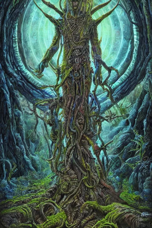 Image similar to 8k overdetailed maximalist ent darkfantasy art by oleksandra shchaslyva cinematic symmetric portrait of an ancient ent god emperor. Centered, uncut, unzoom charachter illustration. Ayahuasca visual manifestation. Surreal render, ultra realistic, zenith view. Inspired by giger feat peter gric and bekinski. Overpainted by salviadroid. Slightly Decorated with Sacred geometry and fractals. Extremely ornated. artstation, cgsociety, unreal engine, ray tracing, detailed illustration, hd, 4k, digital art, overdetailed art. Intricate omnious visionary darkscifi fantastic realism concept art. complementing colors. Trending on artstation, deviantart