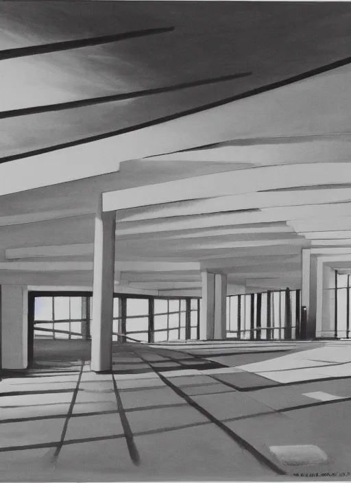 Prompt: a blacka and white painting of the interior of teshima art museum