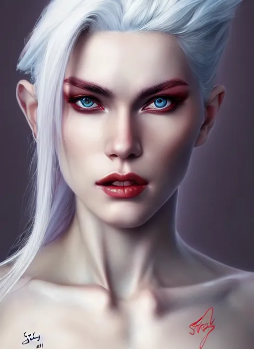 Prompt: photo of gorgeous woman with half red half white hair in the style of stefan kostic, realistic, half body shot, sharp focus, 8 k high definition, insanely detailed, intricate, elegant, art by stanley lau and artgerm, foggy backgeound