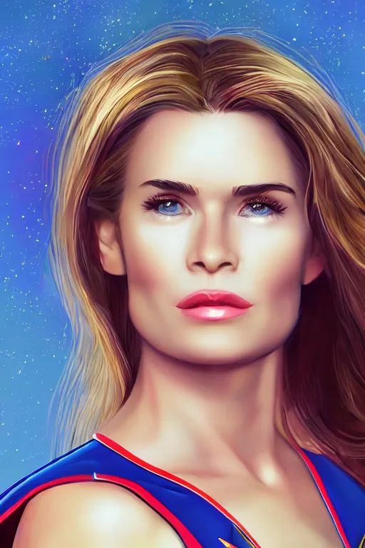 Image similar to portrait of a mix of beautiful young maria shriver, mariel hemmingway, brooke shields and elle macpherson as supergirl, thin lips, hair tied up in a pony tail, colorful artstation, cgsociety