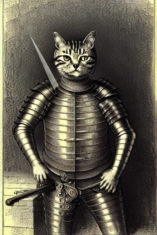 Prompt: engraving portrait of humanoid cat in medieval armoury by gustave dore