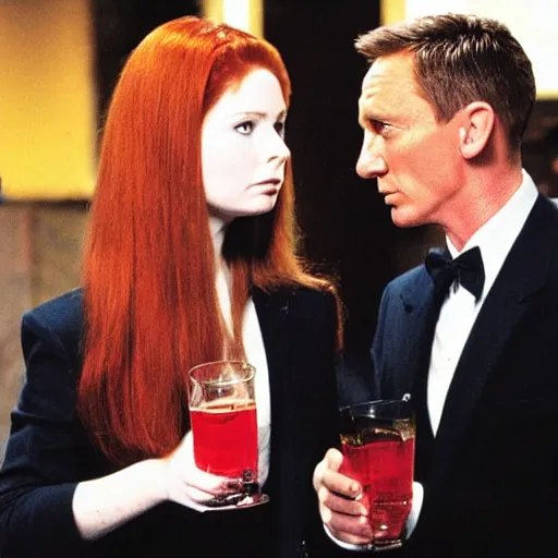 Prompt: Amy Pond having a drink with James Bond