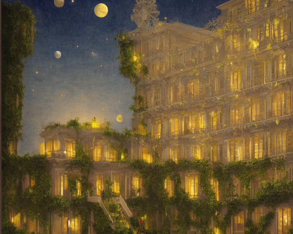 Prompt: an achingly beautiful print of lunar four seasons hotel, lit by glowing wrought-iron lanterns and overgrown with flowering ivy, on the Sea of Tranquility by Raphael, Hopper, and Rene Magritte. detailed, romantic, enchanting, trending on artstation.