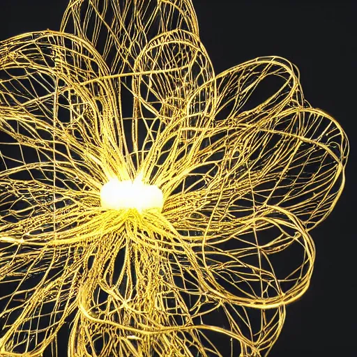 Image similar to a gigantic glowing golden wire sculpture of a flower, in a starry black sky