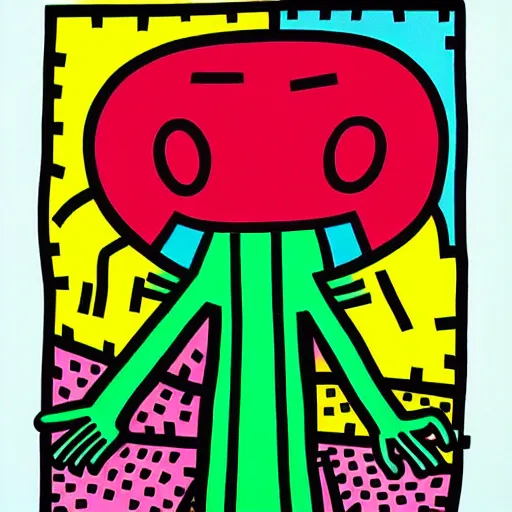 Image similar to head of a man full of things by keith haring and takashi murakami, empty green canvas, pop culture, colorful