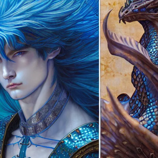 Image similar to closeup of a medieval fantasy male blue dragon with electrcity magic, fantasy, d & d, high details, art by ( ( ( kuvshinov ilya ) ) ) and wayne barlowe and gustav klimt and artgerm and wlop and william - adolphe bouguereau