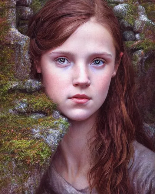 Prompt: a well - lit, realistic portrait oil painting of a thoughtful girl resembling a young, shy, redheaded irish alicia vikander or millie bobby brown in moss - covered ancient stone ruins at sunset, highly detailed, intricate, concept art, artstation, by donato giancola, ron cobb, and artgerm
