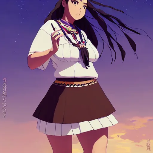 Image similar to a beautiful! plus sized native women instagram model, brown skin, wearing elegant catholic school girl designer fashion with mayan pattern and native style, aztec street fashion, gapmoe yandere grimdark, trending on pixiv fanbox, painted by greg rutkowski makoto shinkai takashi takeuchi studio ghibli, akihiko yoshida