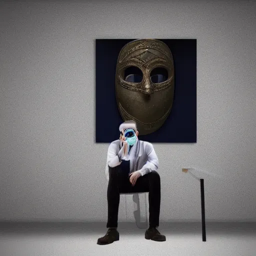 Prompt: Portrait of a man wearing a mask inside a dark palace. Realistic. Photo realistic. Ultra realistic.