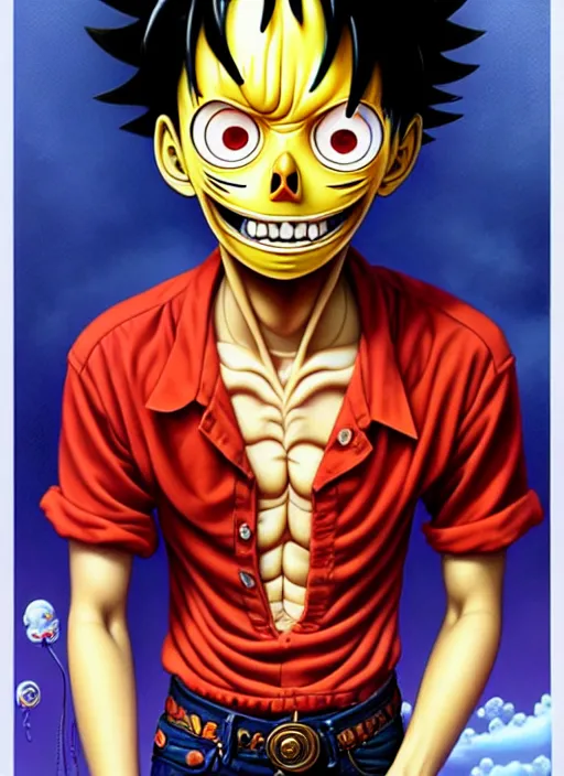 Image similar to lovecraftian portrait of luffy, pixar style, by tristan eaton stanley artgerm and tom bagshaw