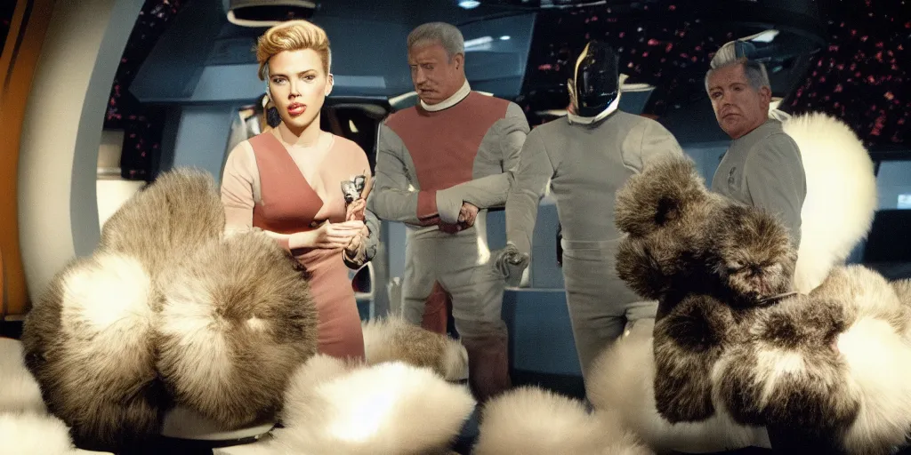 Image similar to Scarlett Johansson and Tribbles in a scene from Star Trek