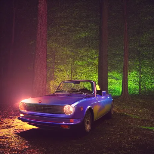 Image similar to fiat 1 2 4 in the dark forest, night, headlights are on, professional photography, vaporwave