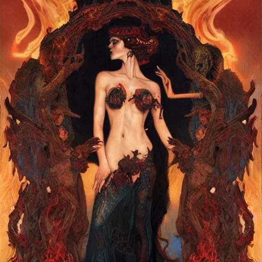 Image similar to epic masterpiece full body portrait a beautiful Persephone with a beautiful face and flawless skin, queen of the underworld, in Hades, flames and smoke in background, hell hound at her side, by Edgar Maxence and Ross Tran and Michael Whelan