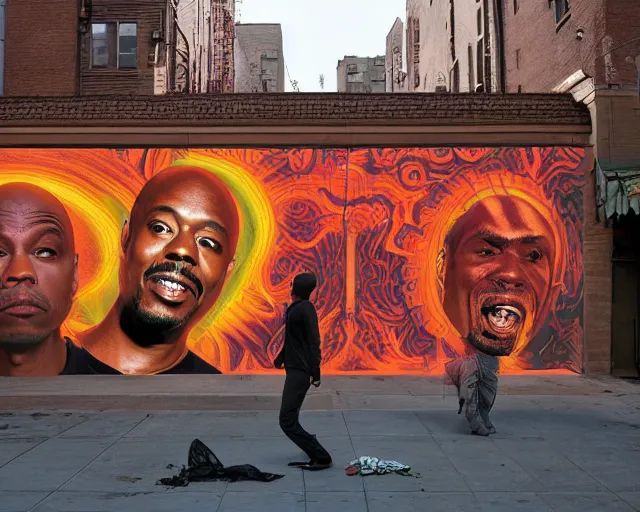 Image similar to Dave Chappelle, Kayne West, and Jackie Chan doing LSD, a photo of Chinatown Streets By Rainer Hosch, and Alex Grey