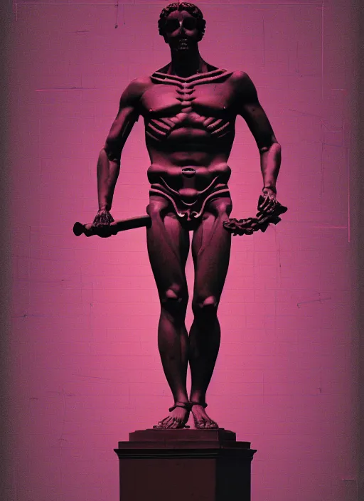 Image similar to black background, statue of hercules, ( ( ( skeleton ) ) ), grey, thin lines, dark, red and purple grid and lines, glitch art, neo vaporwave, gritty, movie poster, layout design, trending on artstation