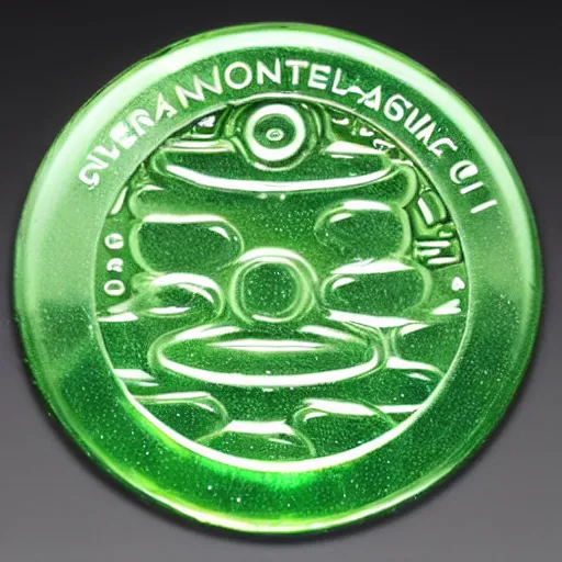 Prompt: green translucent coin in shape of labyrinth