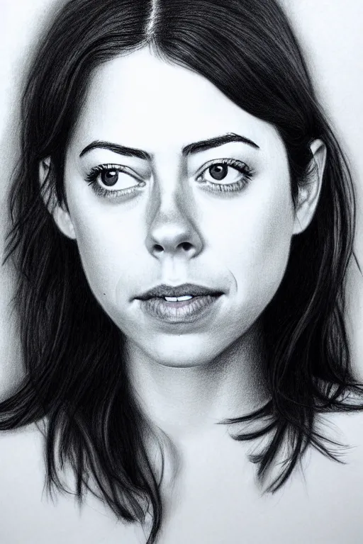 Image similar to hyperrealistic pencil drawing portrait of an actress that looks like aubrey plaza and rosa salazar