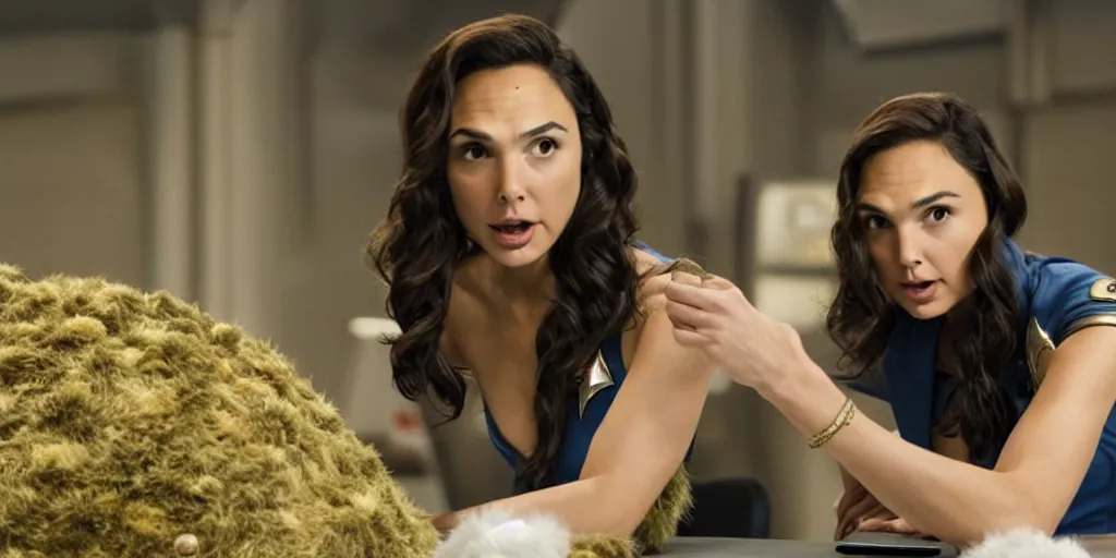 Image similar to Gal Gadot, in a Starfleet uniform, and Tribbles, Tribbles and more Tribbles in a scene in the next Star Trek movie