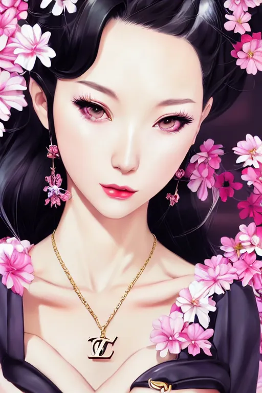 Image similar to a pin up and beautiful fashion dreamlke japan girl with lv jewelry, character art, art by artgerm and wlop and and ilya kuvshinov, hyperdetailed, 8 k realistic, symmetrical, frostbite 3 engine, cryengine, dof, trending on artstation, digital art, chanel, dior, fantasy background