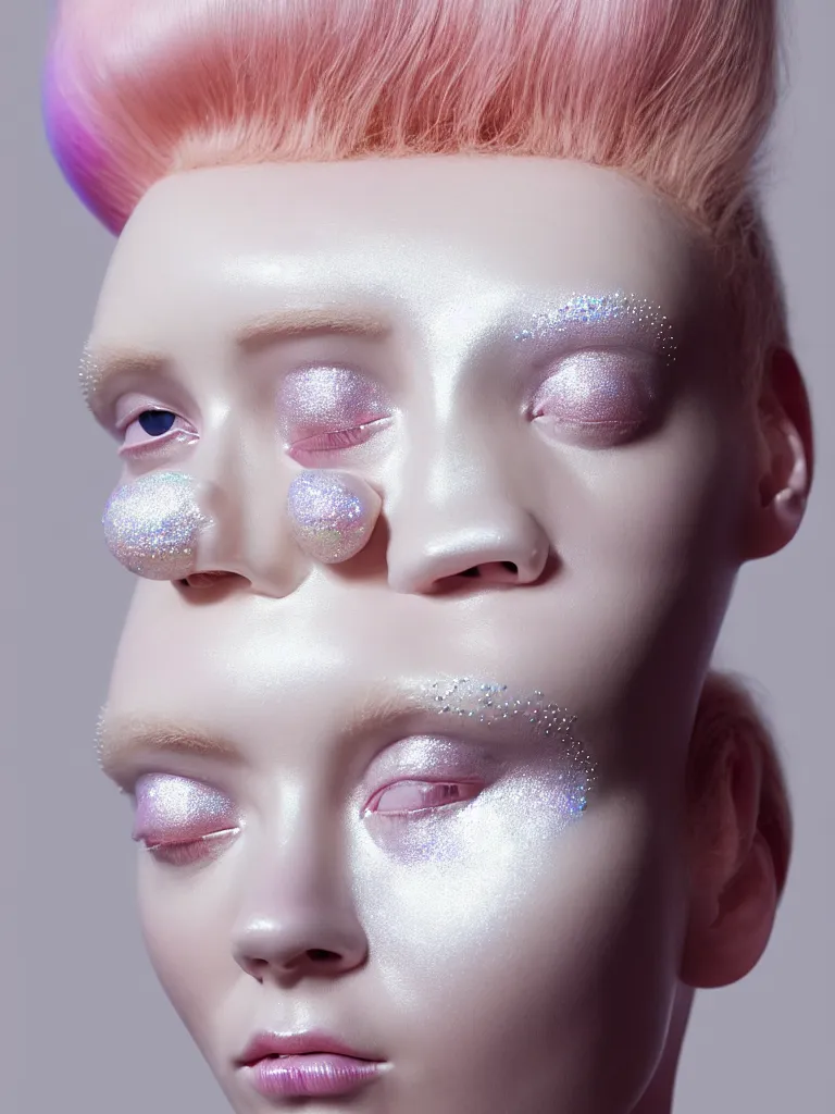 Image similar to portrait of a ethereal goddess wearing a big pearl studded iridescent beauty mask and pink hair buns, wearing a black bodysuit by alexander mcqueen, cream white background, soft diffused light, biotechnology, humanoid robot, perfectly symmetric, bjork aesthetic, translucent, by rineke dijkstra, intricate details, highly detailed, masterpiece,