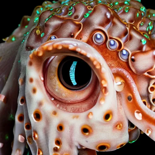 Image similar to a close up of an octopus with human eyes, a macro photograph by craola, flickr contest winner, mingei, lovecraftian, grotesque, macro photography