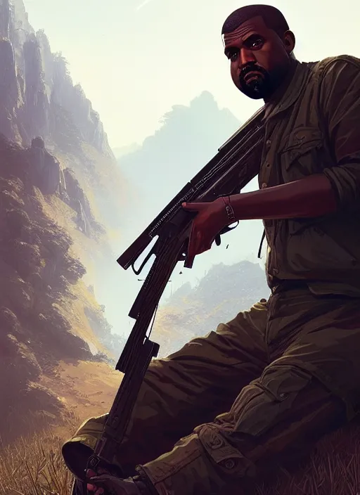 Image similar to highly detailed portrait kanye holding rifle in gta v stephen bliss unreal engine fantasy art by greg rutkowski loish rhads ferdinand knab makoto shinkai lois van baarle ilya kuvshinov rossdraws tom bagshaw global illumination radiant light detailed intricate environment