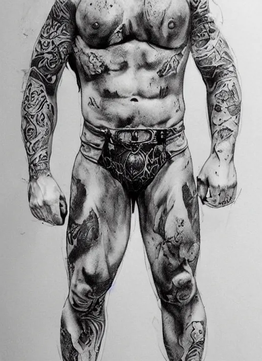 Image similar to photorealistic Portrait of frontal standing pose torso ofa more muscular version of Jax Teller, heavily tattoed. All his skin is covered by SAMCROW tattooes . Intricate, concept art, magic lighting overlays, magical portal opened, D&D!, fantasy style, sharp focus!, ultra detailed, art by Artgerm and Peter Andrew Jones, WLUP, Magali Villeneuve