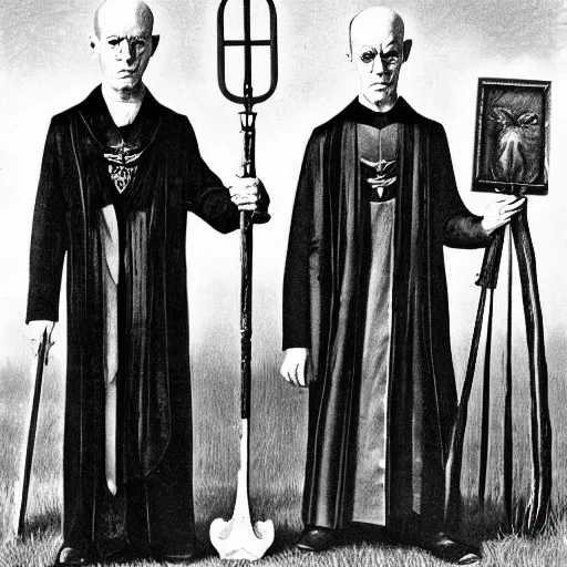 Image similar to baphomet and aleister crowley in the style of american gothic