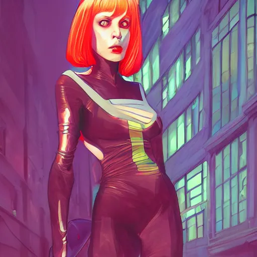 Image similar to a portrait of leeloo in the city, fantasy, elegant, digital painting, artstation, concept art, matte, sharp focus, illustration toon shader, dark outlines, art by josan gonzalez,