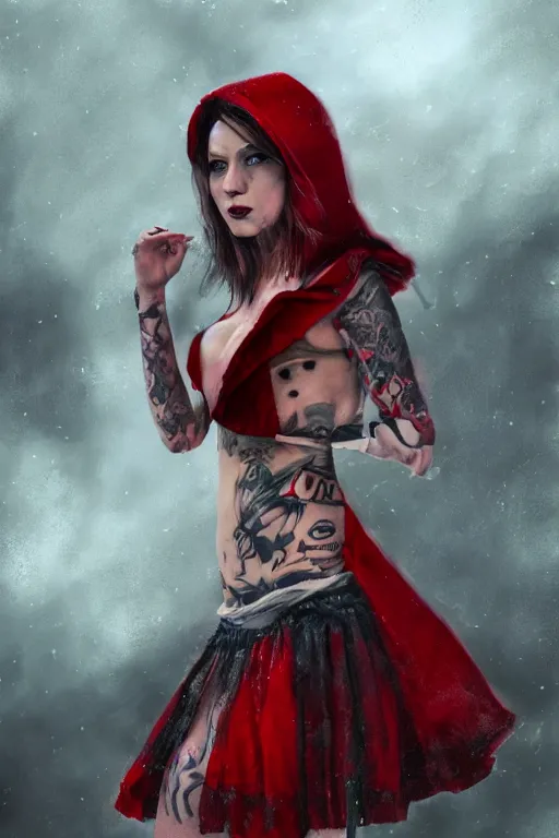 Prompt: Beautiful female, full body, little red riding hood, punk rock, piercings, tattoos, skirt, midriff, dramatic lighting, cinematic, establishing shot, extremely high detail, foto realistic, cinematic lighting, post processed, concept art, high details, cinematic, 8k resolution, beautiful detailed, photorealistic, digital painting, artstation, concept art, smooth, sharp focus, artstation trending, octane render, unreal engine