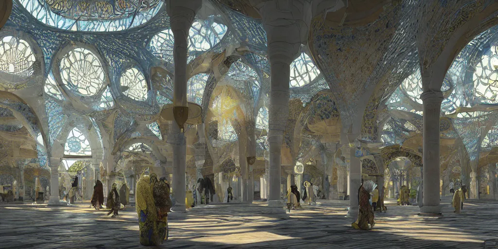 Image similar to Photorealistic solarpunk mosque in Tokyo, with great domes and arches, harmony with nature, people and androids wearing traditional japanese clothing. Hyperdetailed photorealism, UHD, amazing depth, glowing rich colors, golden ration, 3D octane cycle unreal engine 5, 3d shading, cinematic lighting, artstation concept art